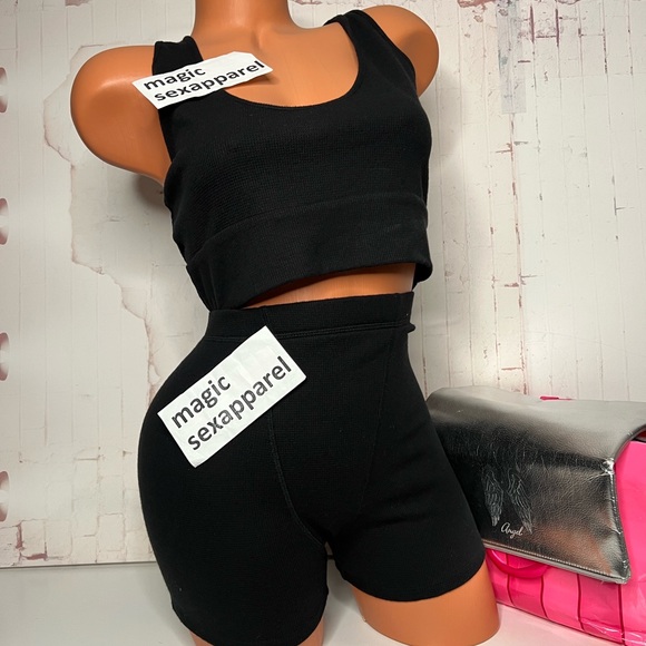 VS XL XXL 2 PIECE SET PAJAMAS LOUNGE RIBBED BRALETTE PANTY SHORTS SOFT BLACK - Picture 1 of 2